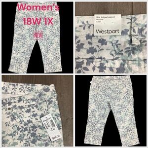 Womens Westport Dressbarn 18W Pants Capri Floral Mid Rise White Blue Stretch NWT